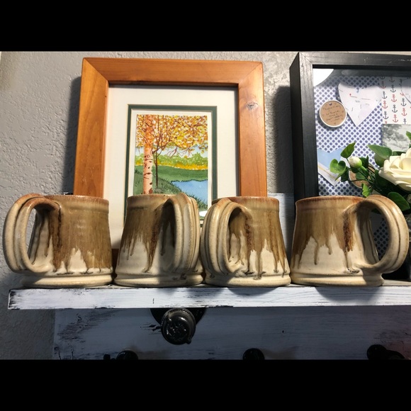 Set of 4 Vintage Handmade Glazed Stoneware Mugs - Picture 1 of 8
